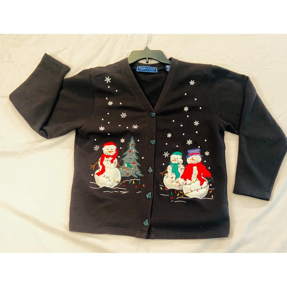 Karen Scott Christmas Black Cardigan Fuzzy Snowman Womens Medium Tree Buttons